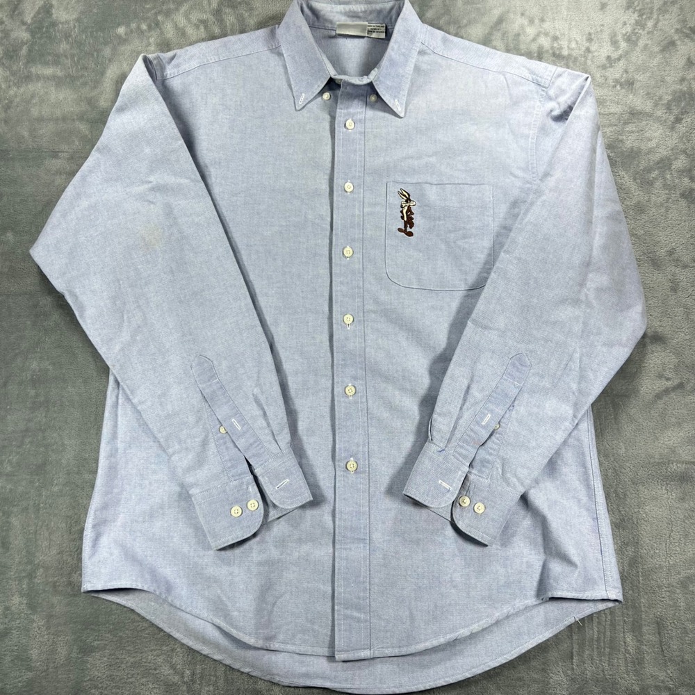 Vintage 1995 Looney Tunes Wile E Coyote Oxford Button Down Shirt Blue L